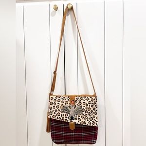 Vtg Panache Cross Body Cowhair Leopard Suede Plaid Beaded Eagle Patch Tassel Bag